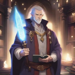 An adult male human wizard character from Dungeons & Dragons in anime style, wearing elaborate medieval robes adorned with mystical symbols