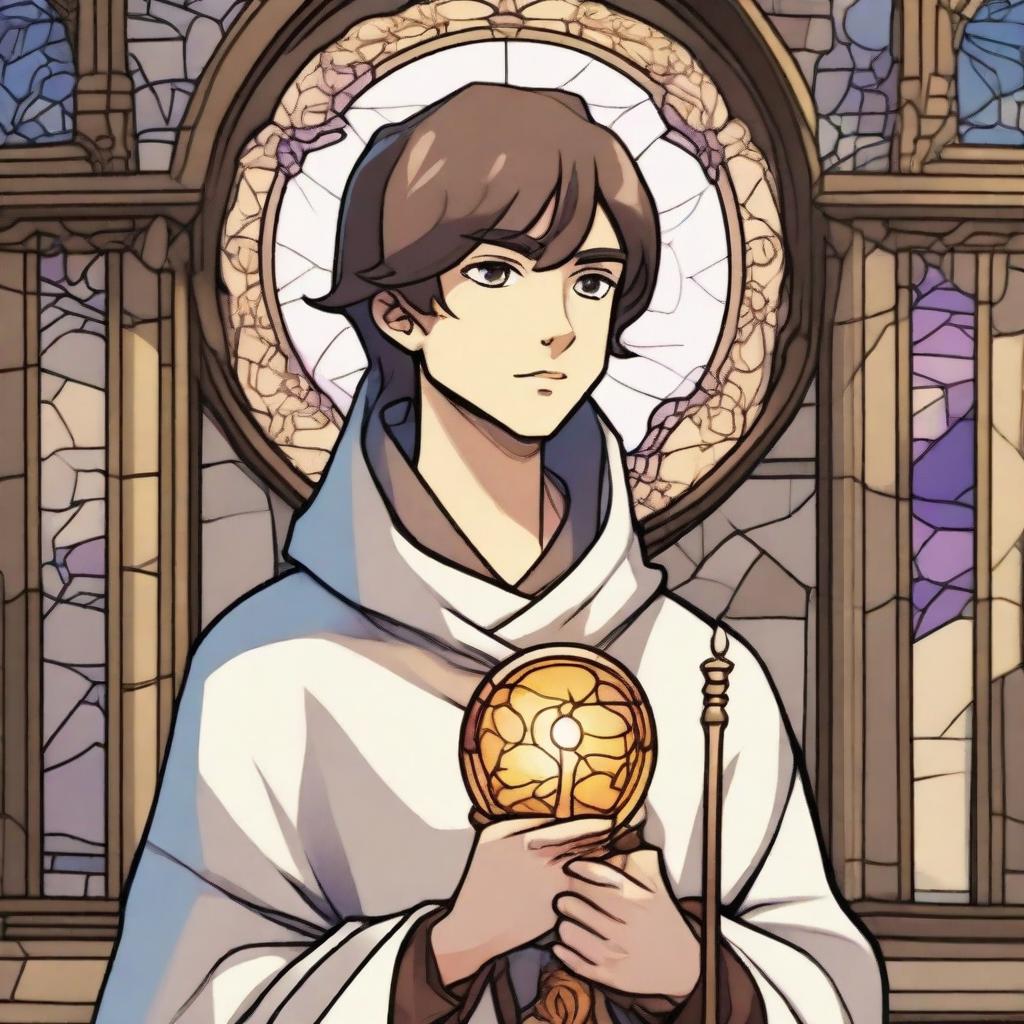 A young male human acolyte character from Dungeons & Dragons in anime style, wearing simple medieval robes with a symbol of faith