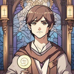 A young male human acolyte character from Dungeons & Dragons in anime style, wearing simple medieval robes with a symbol of faith