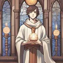 A young male human acolyte character from Dungeons & Dragons in anime style, wearing simple medieval robes with a symbol of faith