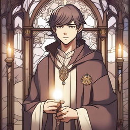 A young male human acolyte character from Dungeons & Dragons in anime style, wearing simple medieval robes with a symbol of faith