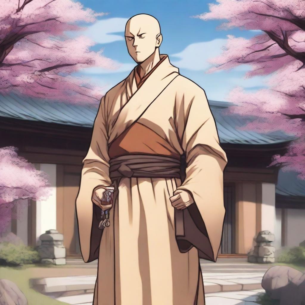 An adult male human monk character from Dungeons & Dragons in anime style, wearing traditional medieval monk robes with a simple belt