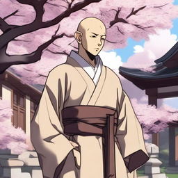 An adult male human monk character from Dungeons & Dragons in anime style, wearing traditional medieval monk robes with a simple belt