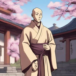 An adult male human monk character from Dungeons & Dragons in anime style, wearing traditional medieval monk robes with a simple belt