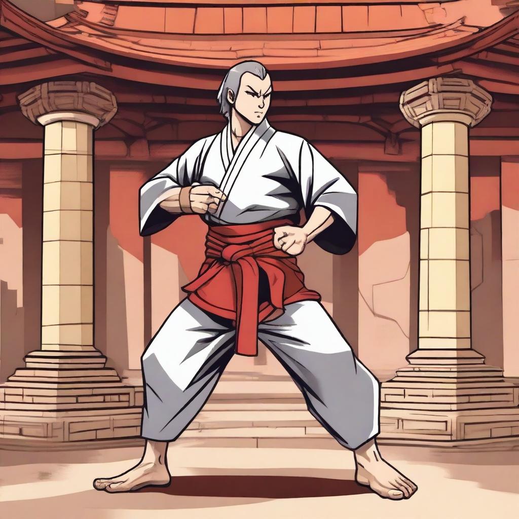 An adult male human character from Dungeons & Dragons in anime style, dressed in medieval karate attire