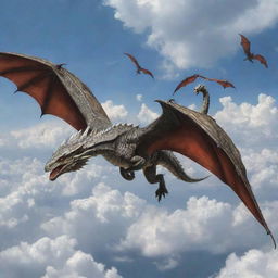 Realistic depiction of armored dragons flying majestically in the sky