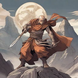 An adult male human combat monk character from Dungeons & Dragons in anime style, wearing medieval monk robes with reinforced armor pieces