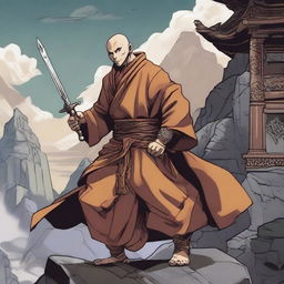 An adult male human combat monk character from Dungeons & Dragons in anime style, wearing medieval monk robes with reinforced armor pieces