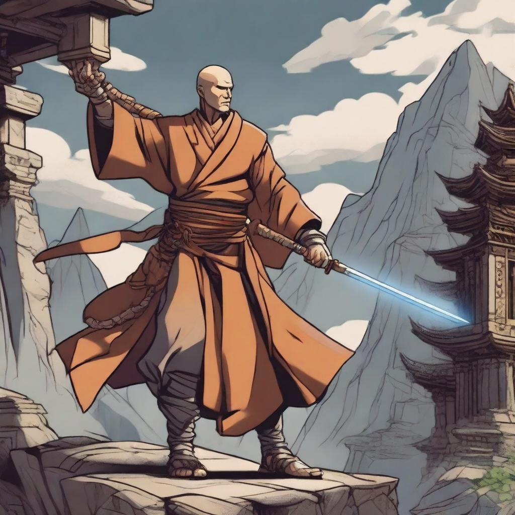 An adult male human combat monk character from Dungeons & Dragons in anime style, wearing medieval monk robes with reinforced armor pieces