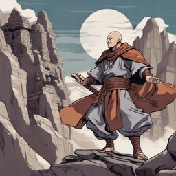 An adult male human combat monk character from Dungeons & Dragons in anime style, wearing medieval monk robes with reinforced armor pieces