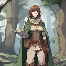 An adult female human explorer character from Dungeons & Dragons in anime style, dressed in medieval adventurer's gear with a cloak, leather armor, and a satchel