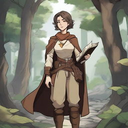 An adult female human explorer character from Dungeons & Dragons in anime style, dressed in medieval adventurer's gear with a cloak, leather armor, and a satchel