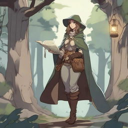 An adult female human explorer character from Dungeons & Dragons in anime style, dressed in medieval adventurer's gear with a cloak, leather armor, and a satchel