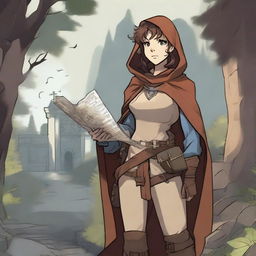 An adult female human explorer character from Dungeons & Dragons in anime style, dressed in medieval adventurer's gear with a cloak, leather armor, and a satchel