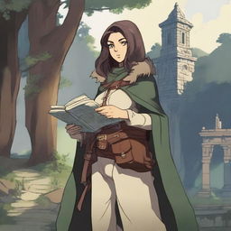 An adult female human explorer character from Dungeons & Dragons in anime style, with long flowing tresses