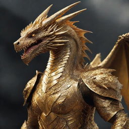 Aggressive dragons clad in brilliant golden armor, radiating power and majesty