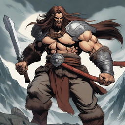 An adult male human barbarian character from Dungeons & Dragons in anime style, with long tresses flowing behind him