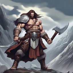 An adult male human barbarian character from Dungeons & Dragons in anime style, with long tresses flowing behind him