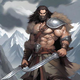 An adult male human barbarian character from Dungeons & Dragons in anime style, with long tresses flowing behind him