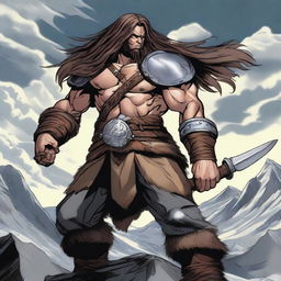 An adult male human barbarian character from Dungeons & Dragons in anime style, with long tresses flowing behind him