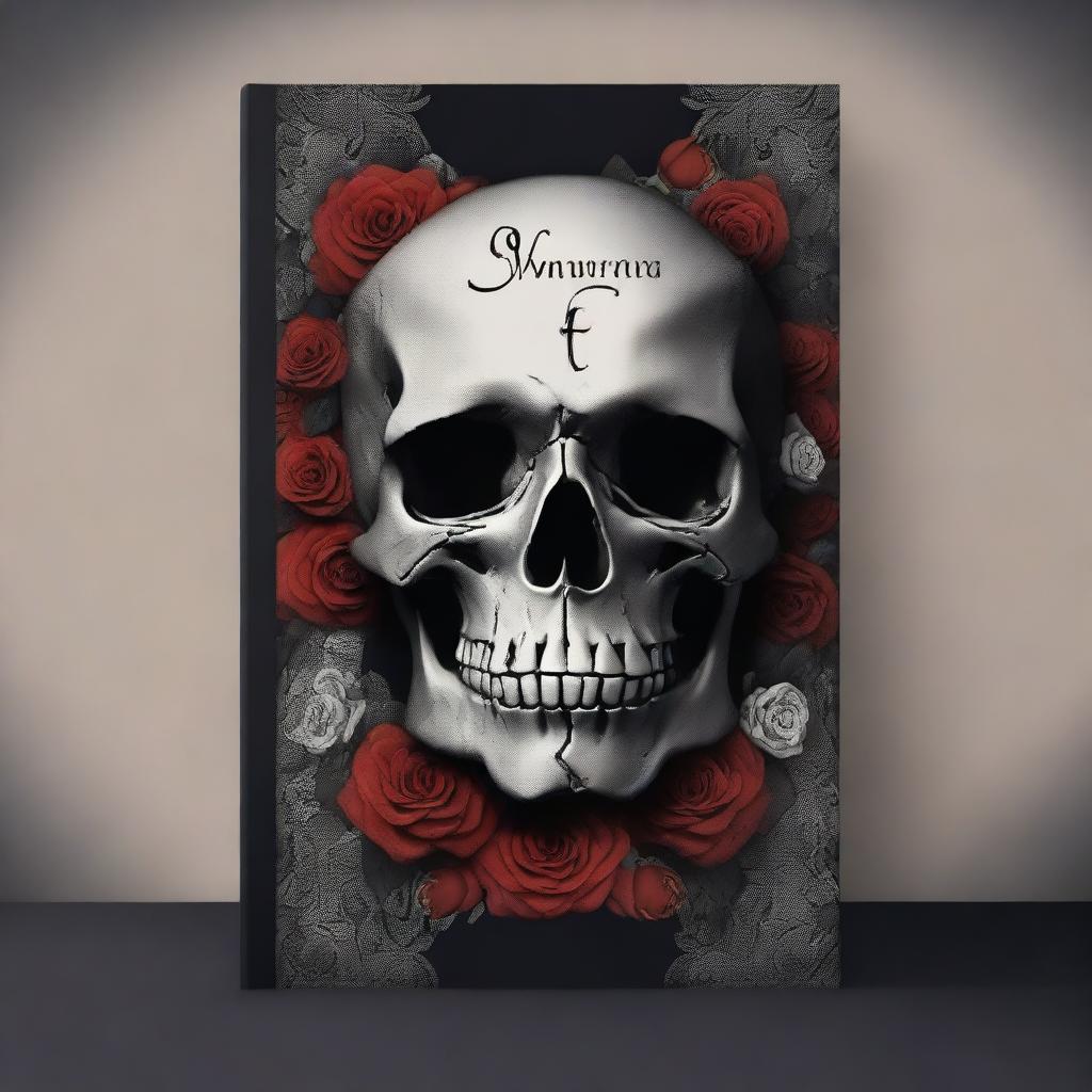 Create a dark fantasy book cover featuring a skull entwined with roses