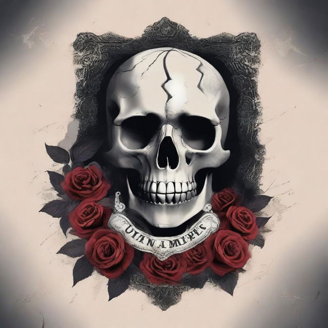 Create a dark fantasy book cover featuring a skull entwined with roses