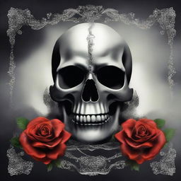 Create a dark fantasy book cover featuring a skull entwined with roses