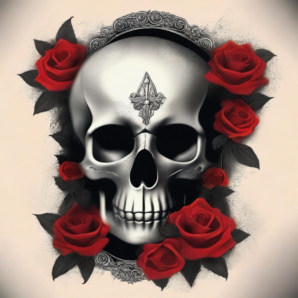 Create a dark fantasy book cover featuring a skull entwined with roses