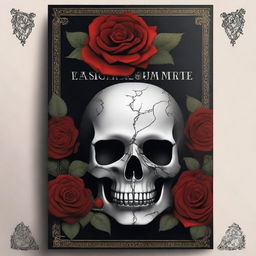 Create a dark fantasy book cover featuring a skull entwined with roses