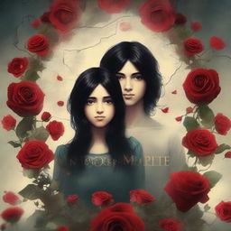 Create a dark fantasy book cover featuring a girl with black hair and a boy with dark hair watching each other, surrounded by roses