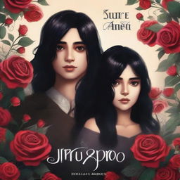 Create a dark fantasy book cover featuring a girl with black hair and a boy with dark hair watching each other, surrounded by roses