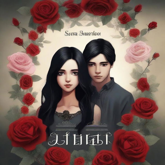 Create a dark fantasy book cover featuring a girl with black hair and a boy with dark hair watching each other, surrounded by roses