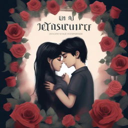 Create a dark fantasy book cover featuring a girl with black hair and a boy with dark hair watching each other, surrounded by roses