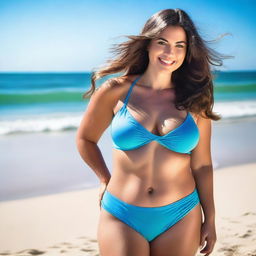 A full-body image of a beautiful woman wearing a blue bikini, standing on a sunny beach with clear blue skies and gentle waves in the background