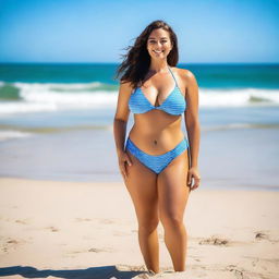 A full-body image of a stunning woman wearing a blue bikini, standing on a sunny beach with clear blue skies and gentle waves in the background