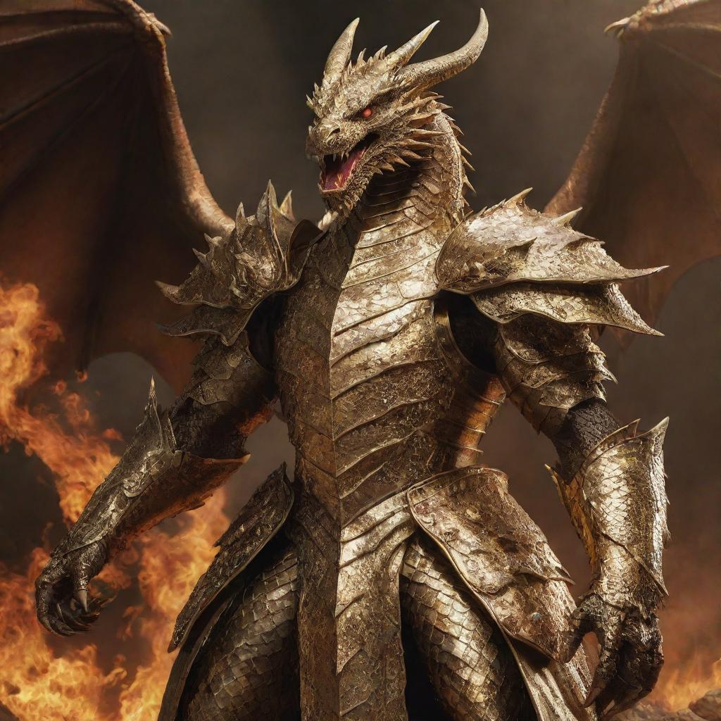 Warlike dragons in resplendent gold armor, set against an infernal background that echoes with their ferocious power