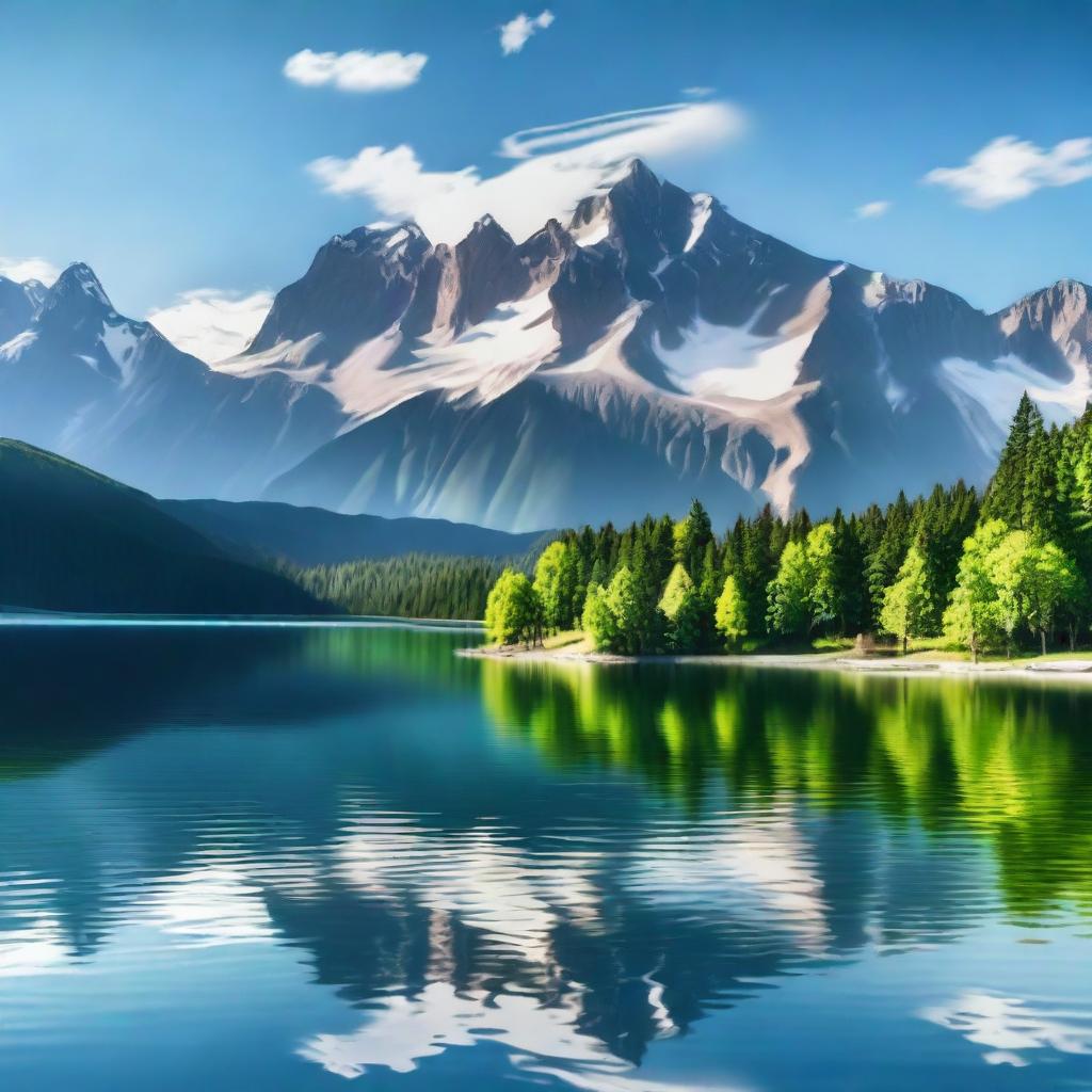 A serene landscape featuring a picturesque mountain range with a crystal-clear lake in the foreground