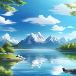 A serene landscape featuring a picturesque mountain range with a crystal-clear lake in the foreground