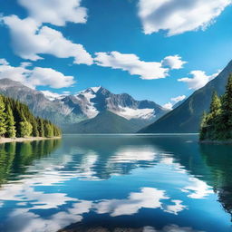 A serene landscape featuring a picturesque mountain range with a crystal-clear lake in the foreground