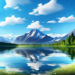 A serene landscape featuring a picturesque mountain range with a crystal-clear lake in the foreground