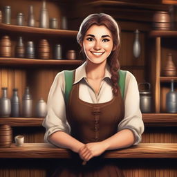 A friendly and welcoming tavern keeper in a cozy, rustic tavern