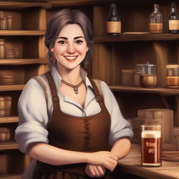 A friendly and welcoming tavern keeper in a cozy, rustic tavern