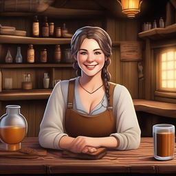 A friendly and welcoming tavern keeper in a cozy, rustic tavern