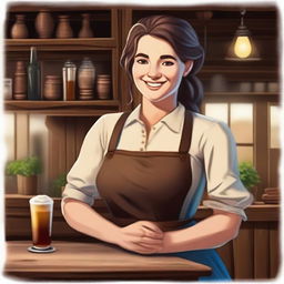 A friendly and welcoming tavern keeper in a cozy, rustic tavern