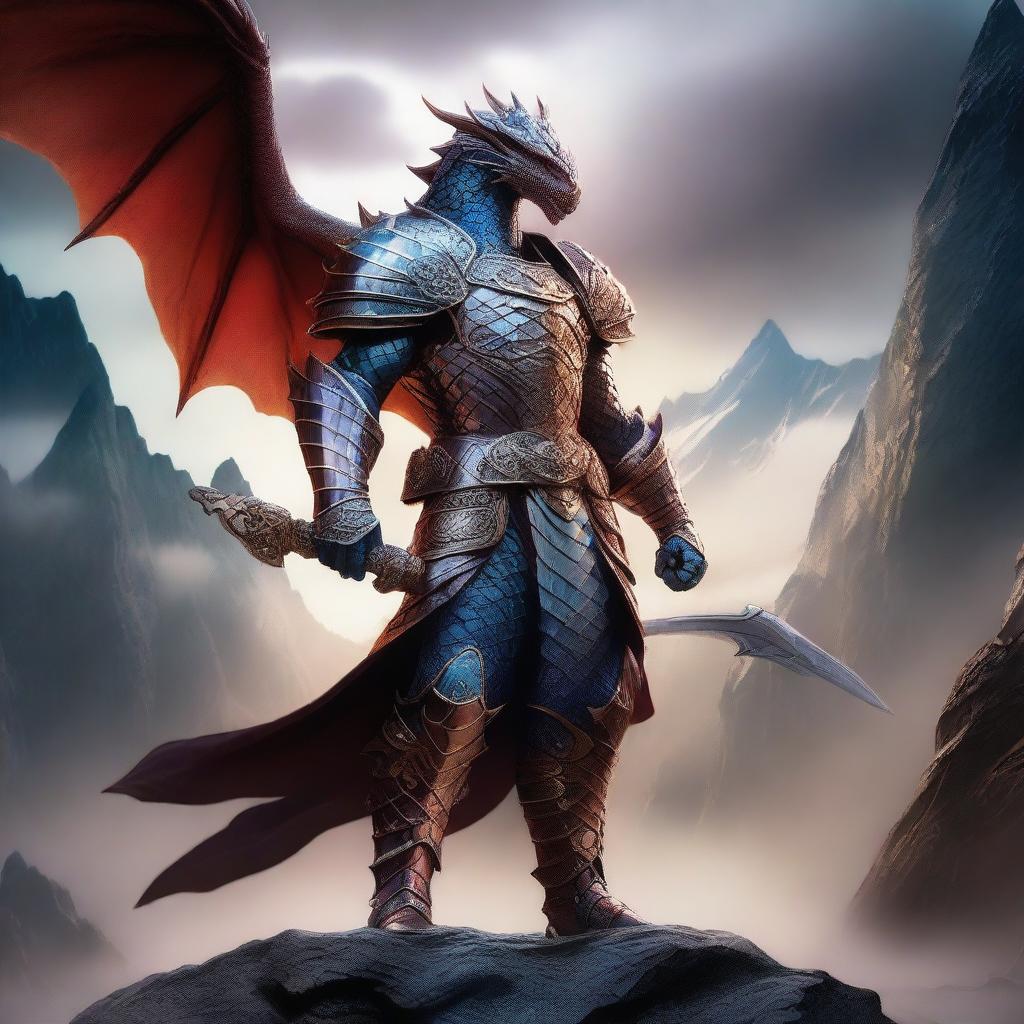 A warrior wearing a majestic draconic armor, intricately designed with dragon scales and motifs