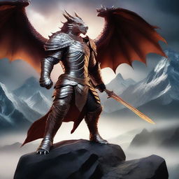 A warrior wearing a majestic draconic armor, intricately designed with dragon scales and motifs