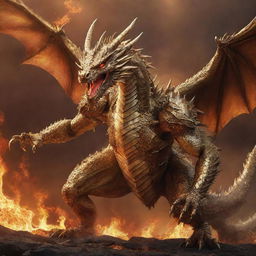 A ferocious dragon in gleaming golden armor, devouring its meal against a fiery, hellish backdrop