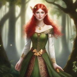 An elf with striking red hair, holding a golden bow, standing gracefully in a lush forest setting