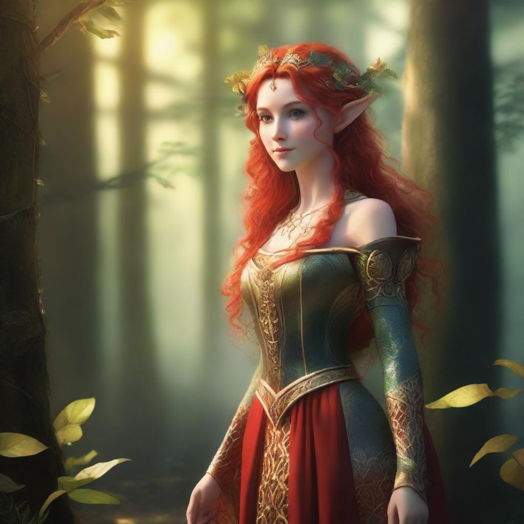 An elf with striking red hair, holding a golden bow, standing gracefully in a lush forest setting