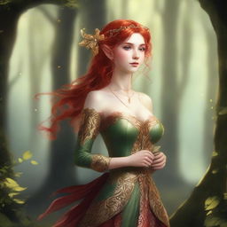 An elf with striking red hair, holding a golden bow, standing gracefully in a lush forest setting